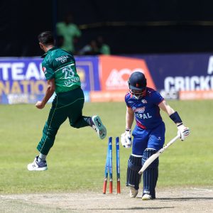 Shahnawaz Dahani of Pakistan A celebrates the wicket of Kushal Bhurtel of Nepal during the ACC Men's Emerging Teams Asia Cup 2023 cricket match between Pakistan A and Nepal at the Colombo Cricket Club Ground, Colombo, Sri Lanka on July 14, 2023. Photo by: Pankaj Nangia / Creimas / Asian Cricket Council