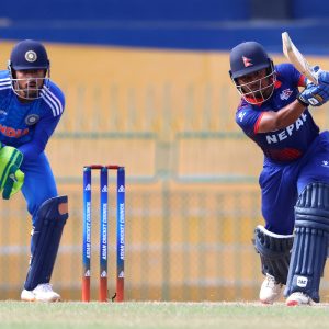 Rohit Kumar Paudel (c) of Nepal bats during the ACC Men's Emerging Teams Asia Cup 2023 cricket match between India A and Nepal at the R. Premadasa International Cricket Stadium, Colombo, Sri Lanka on July 17, 2023.