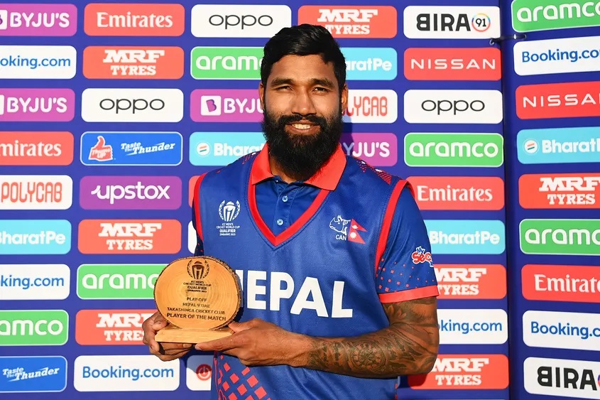 Dipendra Airee of Nepal poses for a photo while holding the Player of the Match award after the team's victory in the ICC Men's Cricket World Cup Qualifier Zimbabwe 2023 Playoff match between Nepal and United Arab Emirates on July 02, 2023.