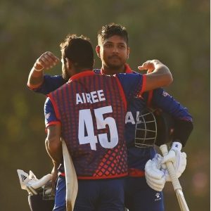 HARARE, ZIMBABWE - JULY 02: Dipendra Airee and Sandeep Lamichhane of Nepal celebrate victory in the ICC Men's Cricket World Cup Qualifier Zimbabwe 2023 Playoff match between Nepal and United Arab Emirates at Takashinga Cricket Club on July 02, 2023 in Harare, Zimbabwe. (Photo by Alex Davidson-ICC/ICC via Getty Images)