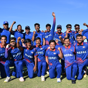 Players of Nepal celebrate after the team's victory during the ICC U19 Men's Cricket World Cup South Africa 2024 match between Afghanistan and Nepal at Buffalo Park on January 26, 2024 in East London, South Africa.