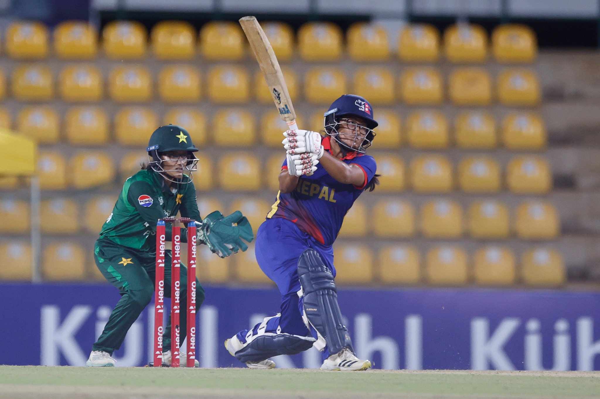 Sita Magar of Nepal plays a shot during the ACC Women's T20 Asia Cup 2024 match between Pakistan and Nepal at the Rangiri Dambulla International Cricket Stadium, Dambulla, Sri Lanka, on July 21, 2024.