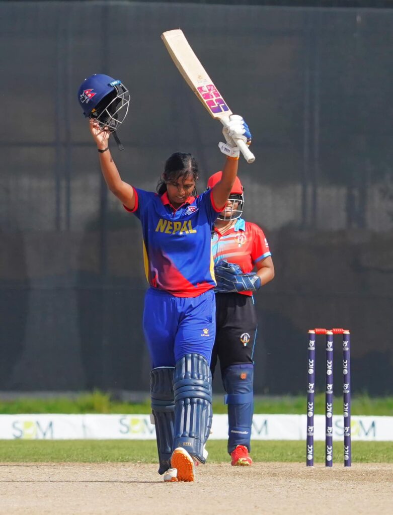 Puja Mahato celebrates after scoring historic century for Nepal U-19 Women's Cricket Team