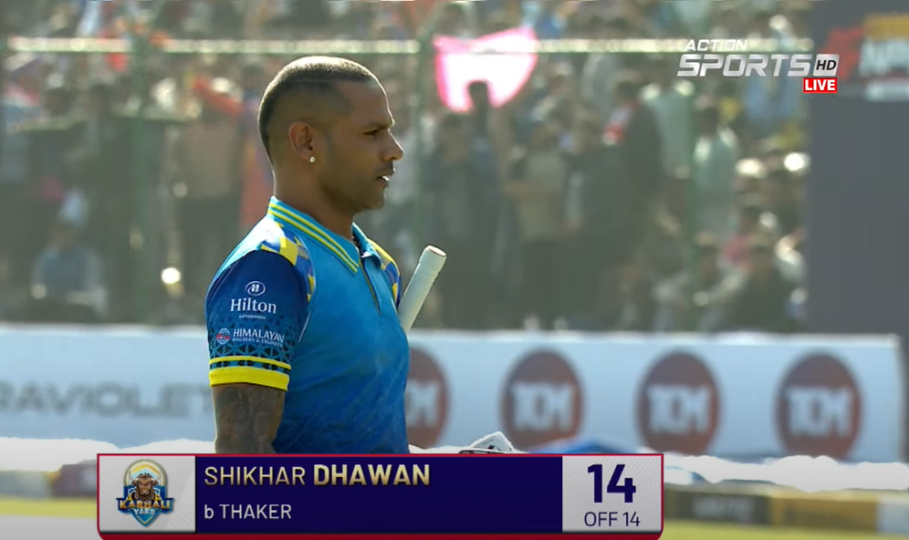 ndian star batsman Shikhar Dhawan managed only 14 runs off 14 balls, hitting 3 fours before being bowled by Canada’s Harsh Thaker.